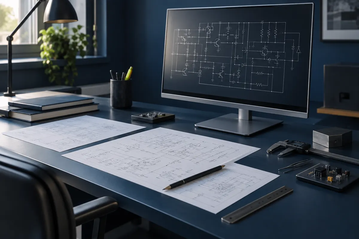 Illustrative engineering workstation with electrical drawings and a technical monitor
